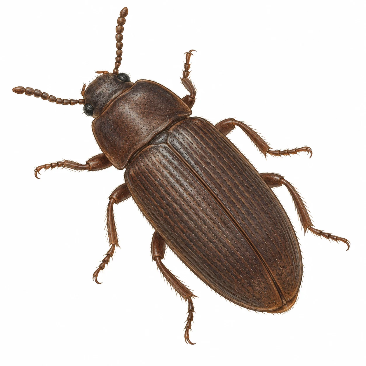 Lesser mealworm (litter beetle): scientific editorial illustration; natural anatomical study