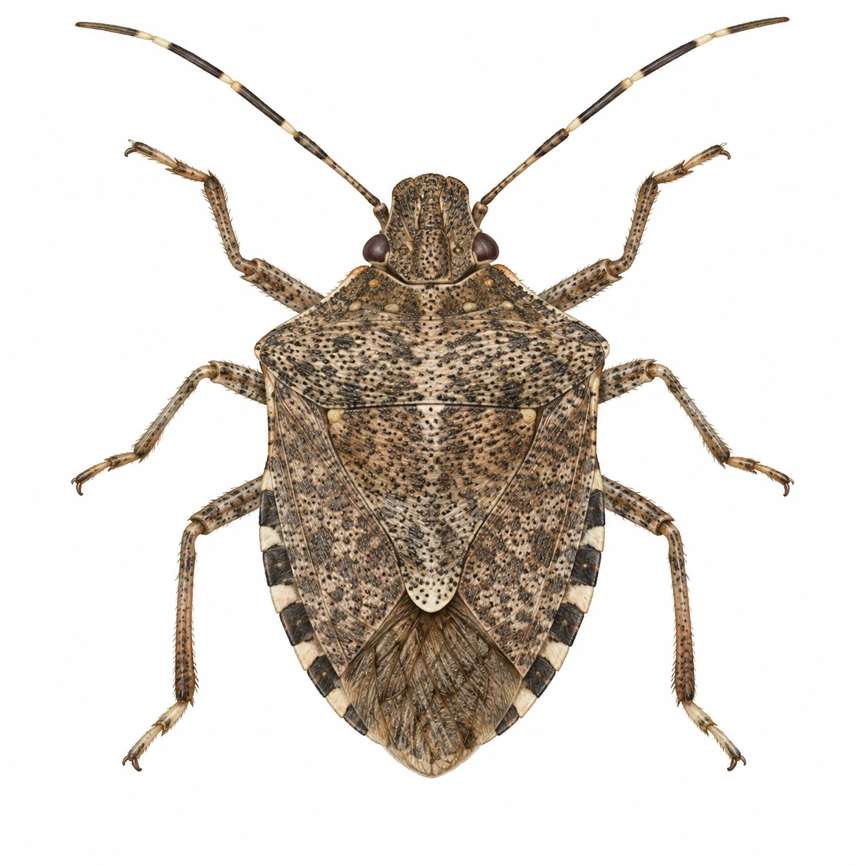 Brown marmorated stink bug: scientific editorial illustration; natural anatomical study