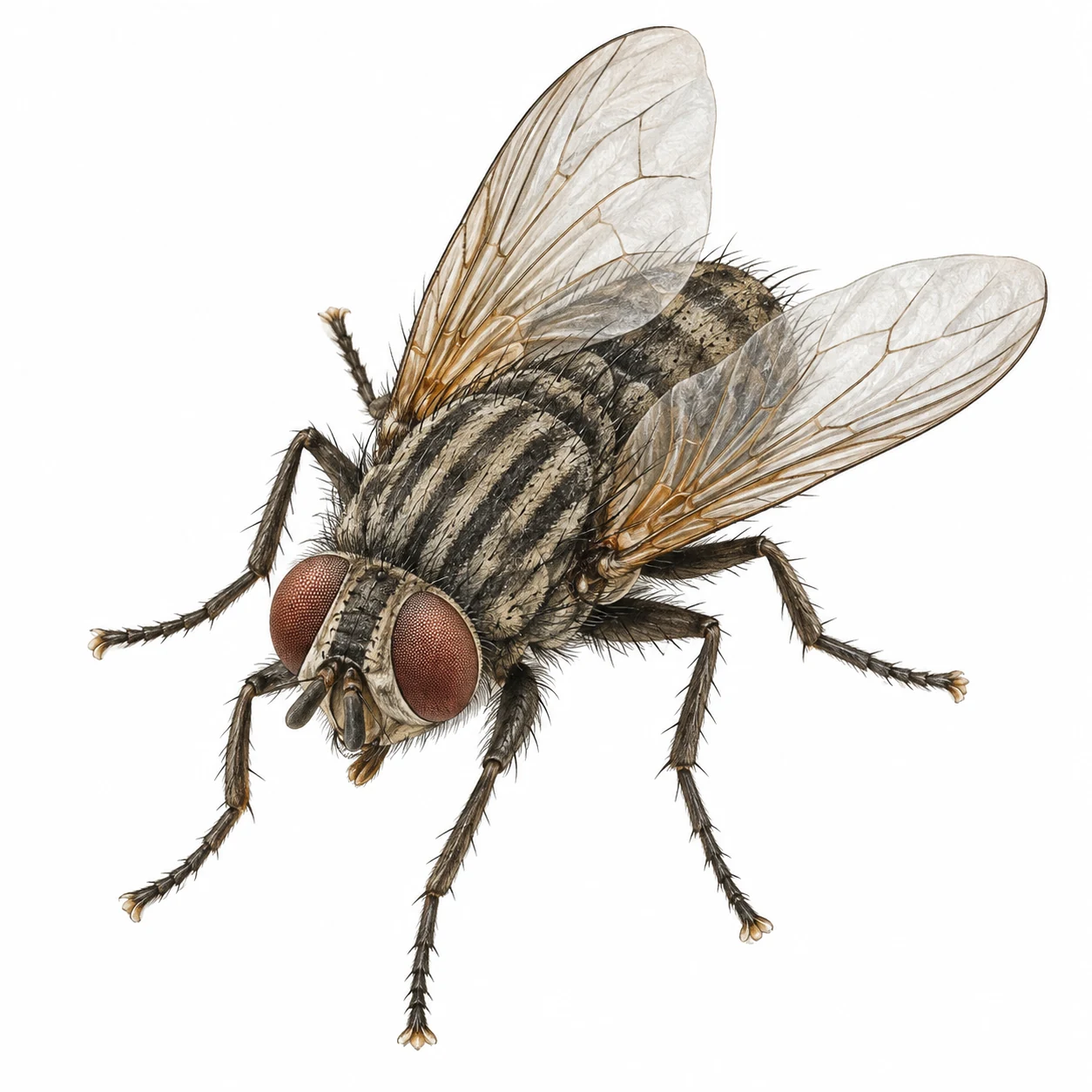 Housefly: scientific editorial illustration; natural anatomical study