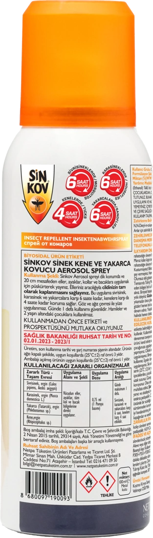 Sinkov Mosquito, Tick and Sand Fly Repellent Aerosol Spray — back view